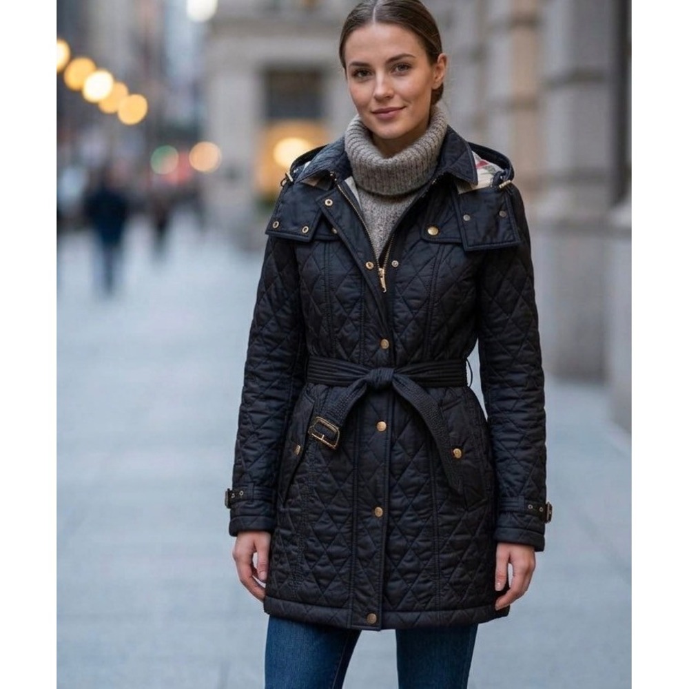 Burberry Brit Quilted Jacket Womens Medium Finsbridge Black Nova Check Belt Coat